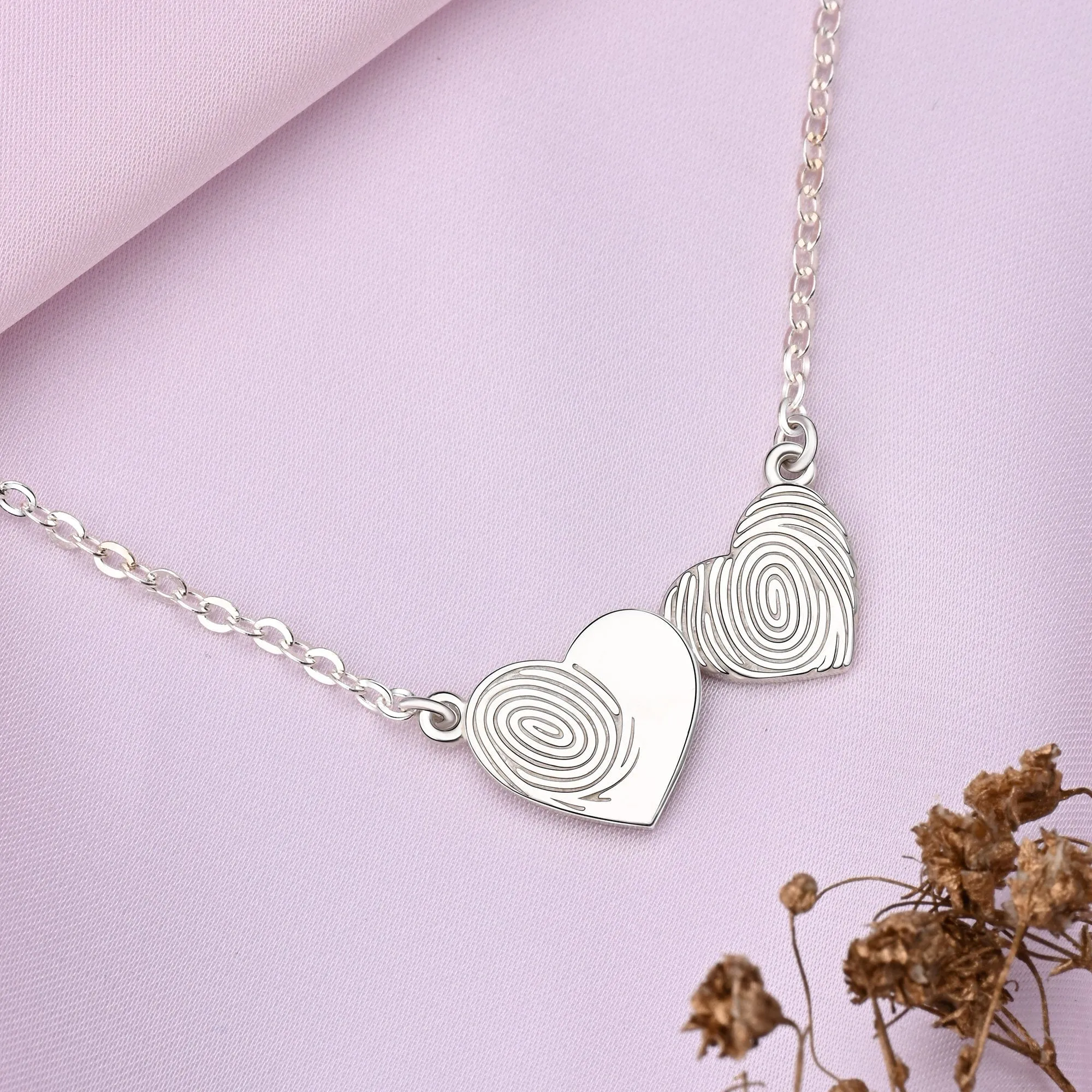 Double Heart Fingerprint Necklace Sterling Silver