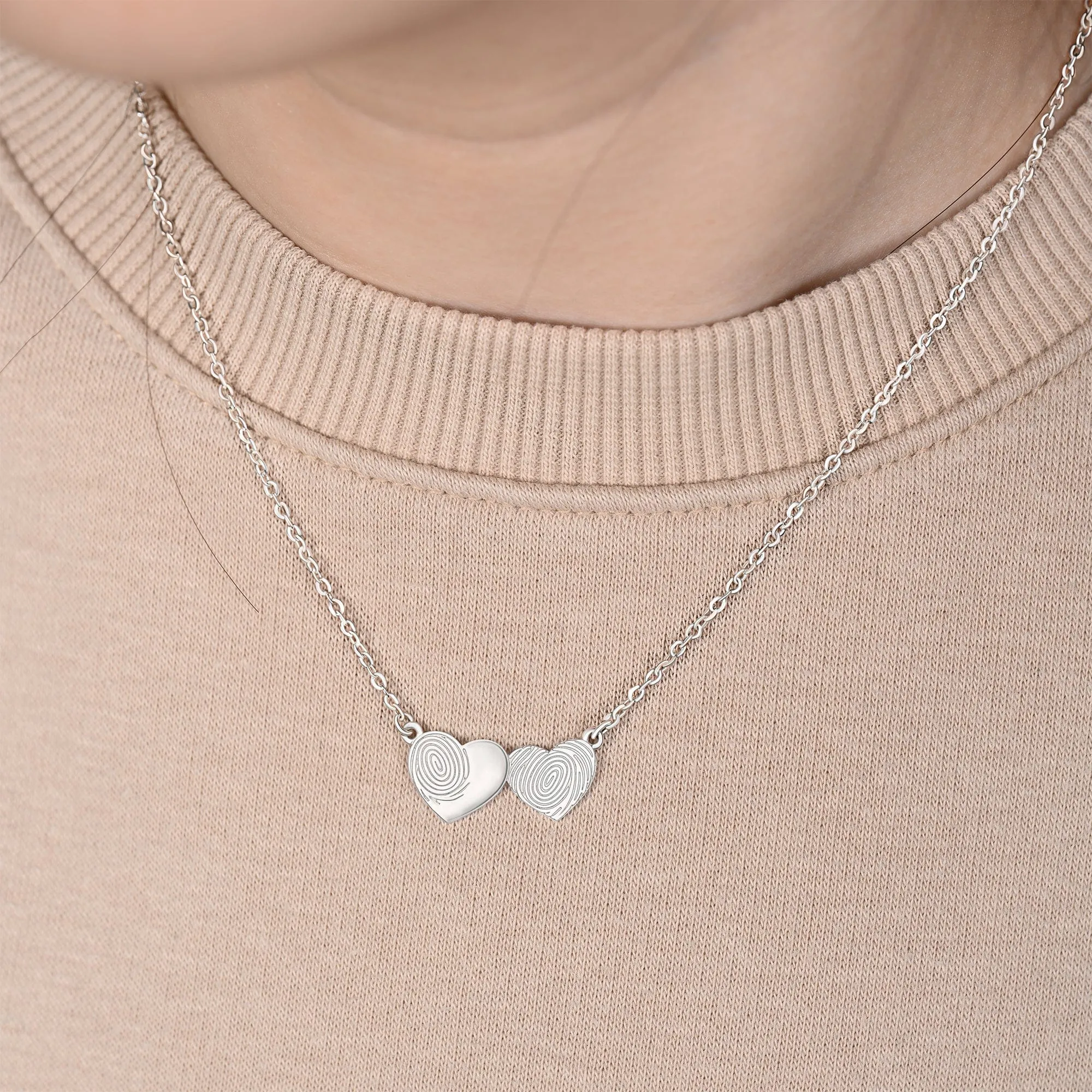 Double Heart Fingerprint Necklace Sterling Silver