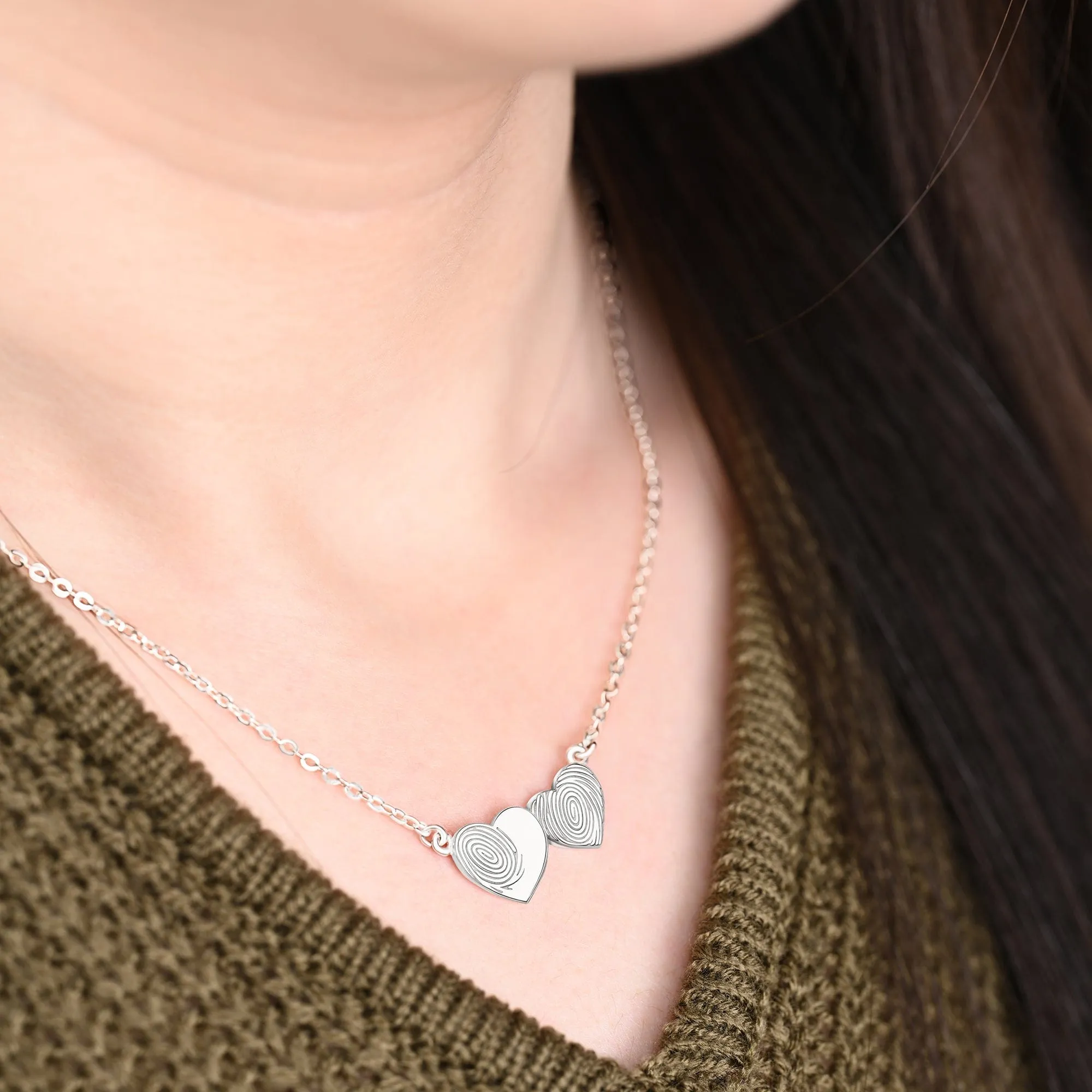 Double Heart Fingerprint Necklace Sterling Silver