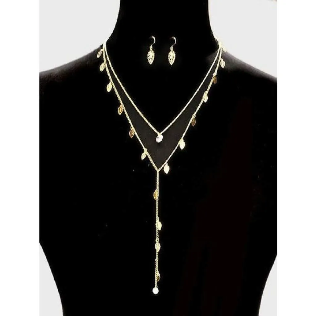 Double Layered Gold Leaf Y Necklace