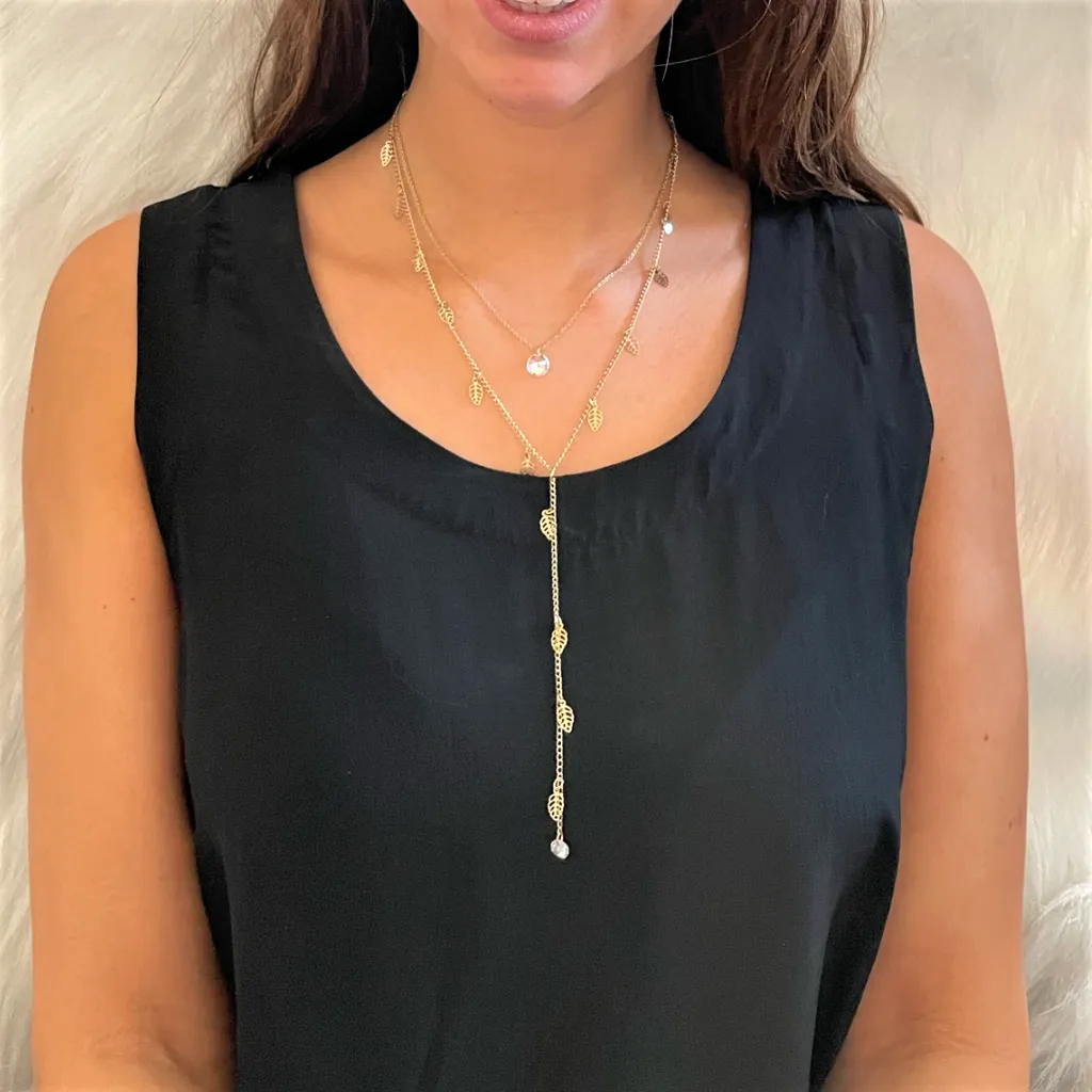 Double Layered Gold Leaf Y Necklace