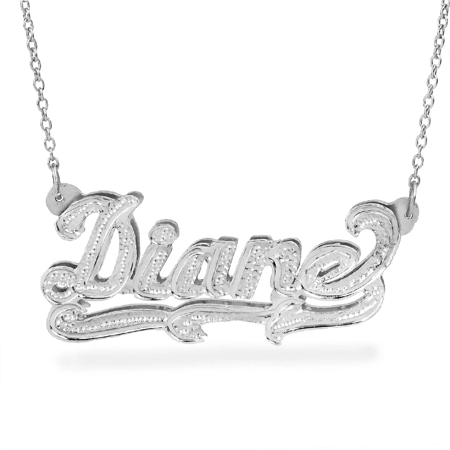 Double-plated Script Name Necklace with Beading/Rhodium and Diamond Accents All Over