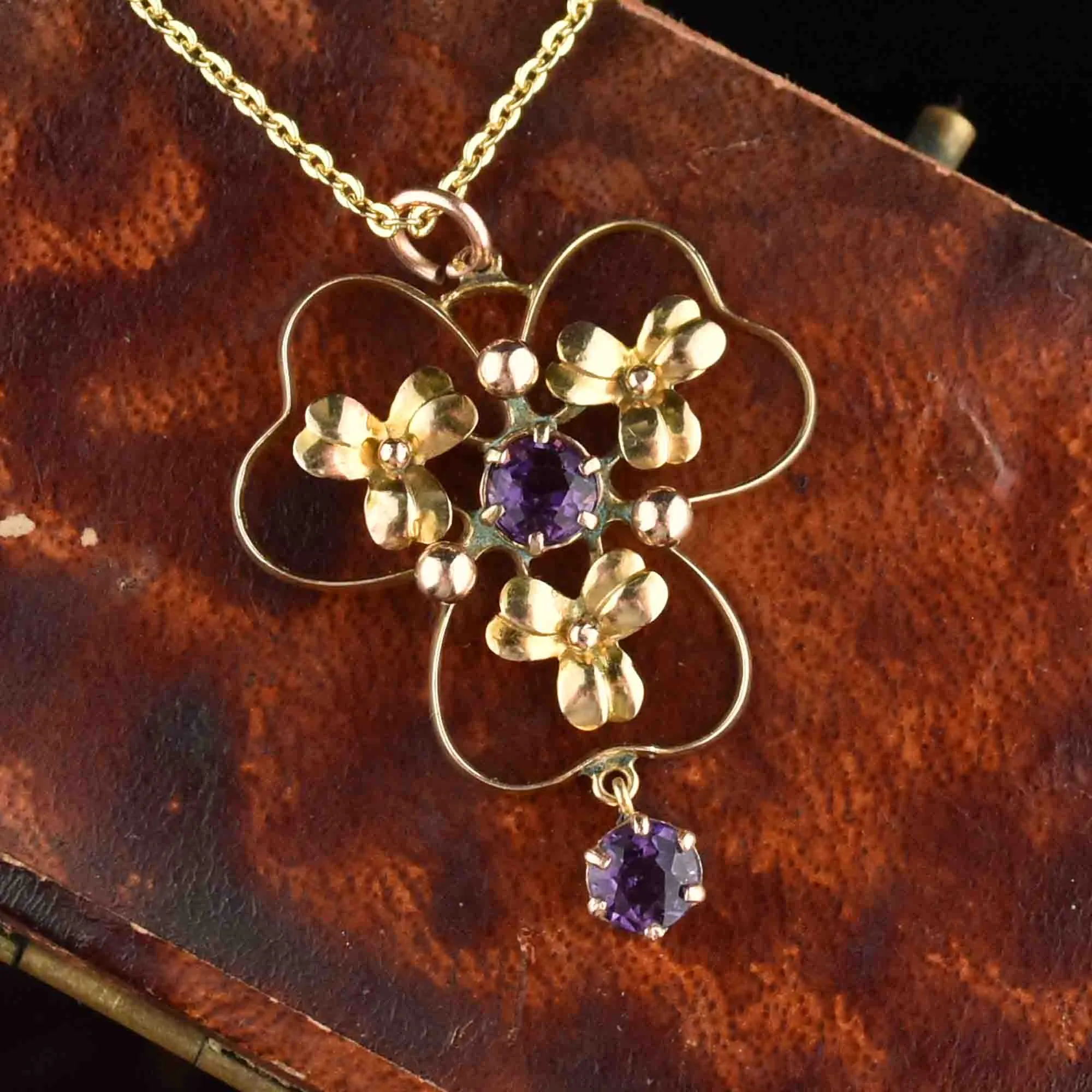 Edwardian Gold Amethyst Floral Lavalier Necklace