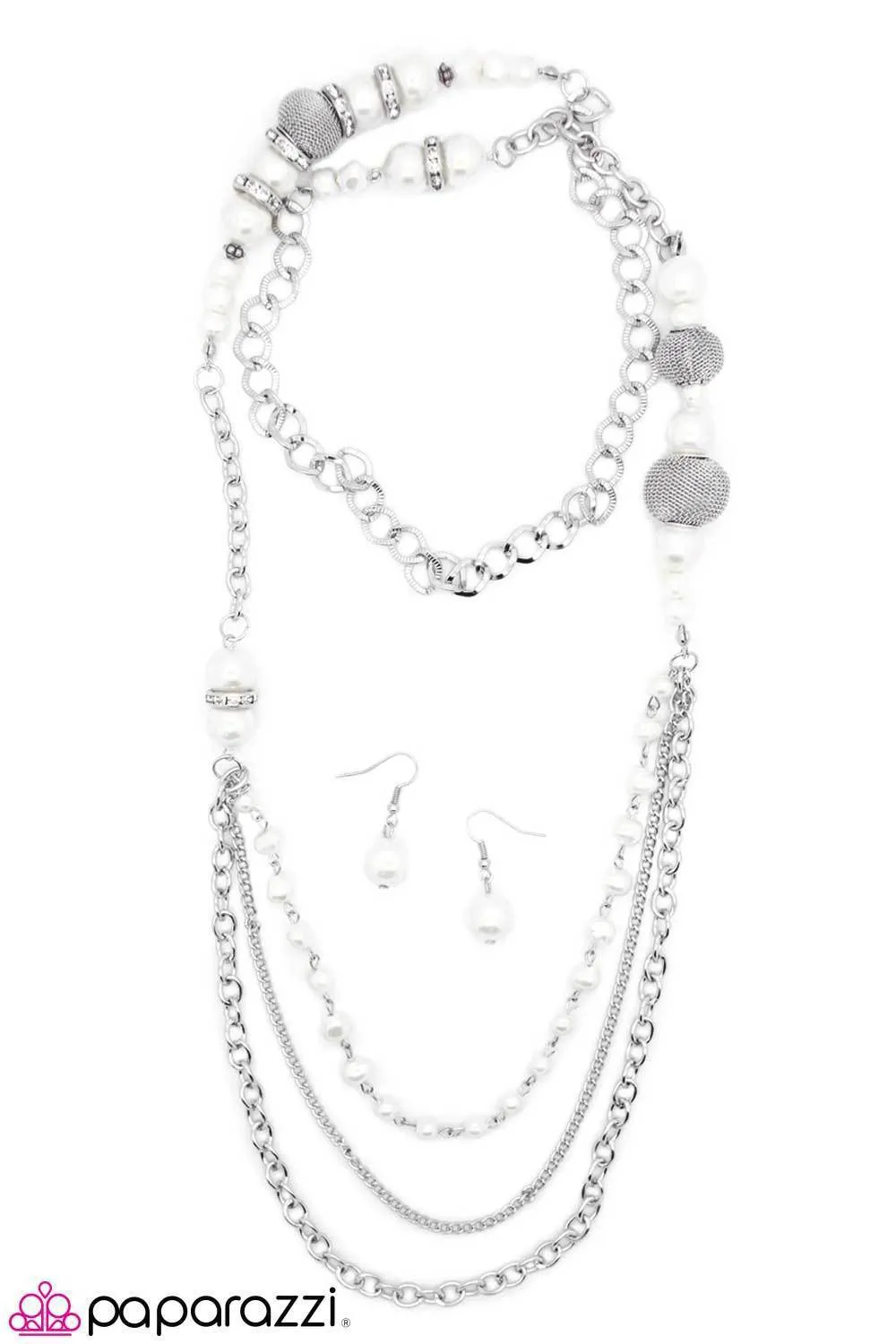 Enmeshed in Elegance Long White and Silver Necklace and matching Earrings - Paparazzi Accessories