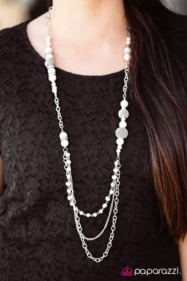 Enmeshed in Elegance Long White and Silver Necklace and matching Earrings - Paparazzi Accessories