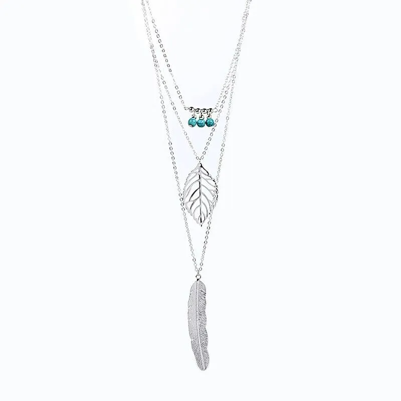 Feather & Leaf Detail Layered Necklace