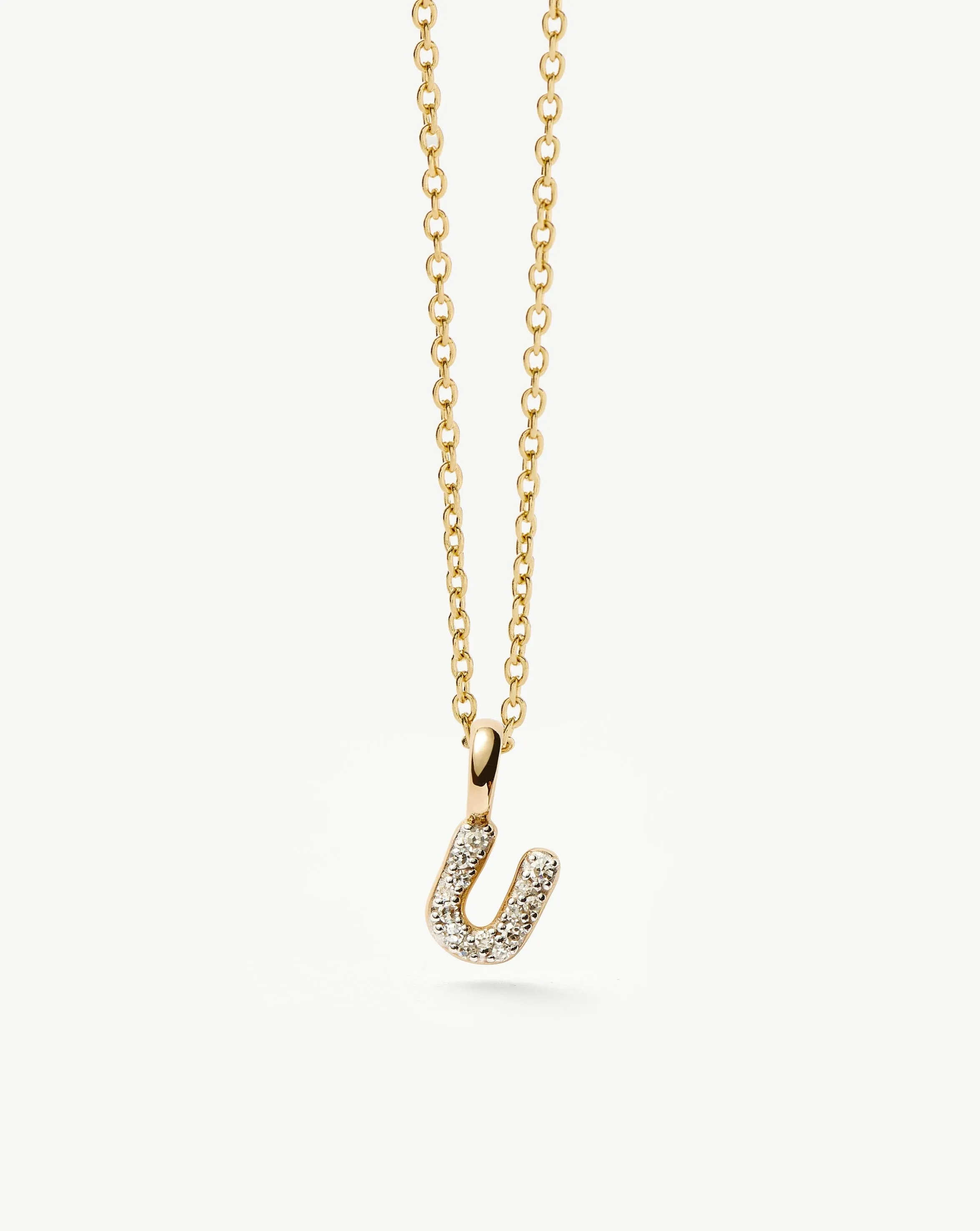 Fine Diamond Initial Mini Pendant Necklace - U | 14k Solid Yellow Gold Plated/Diamond