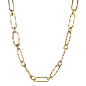 Flattened Paperclip Link Necklace with Pave Diamond Link