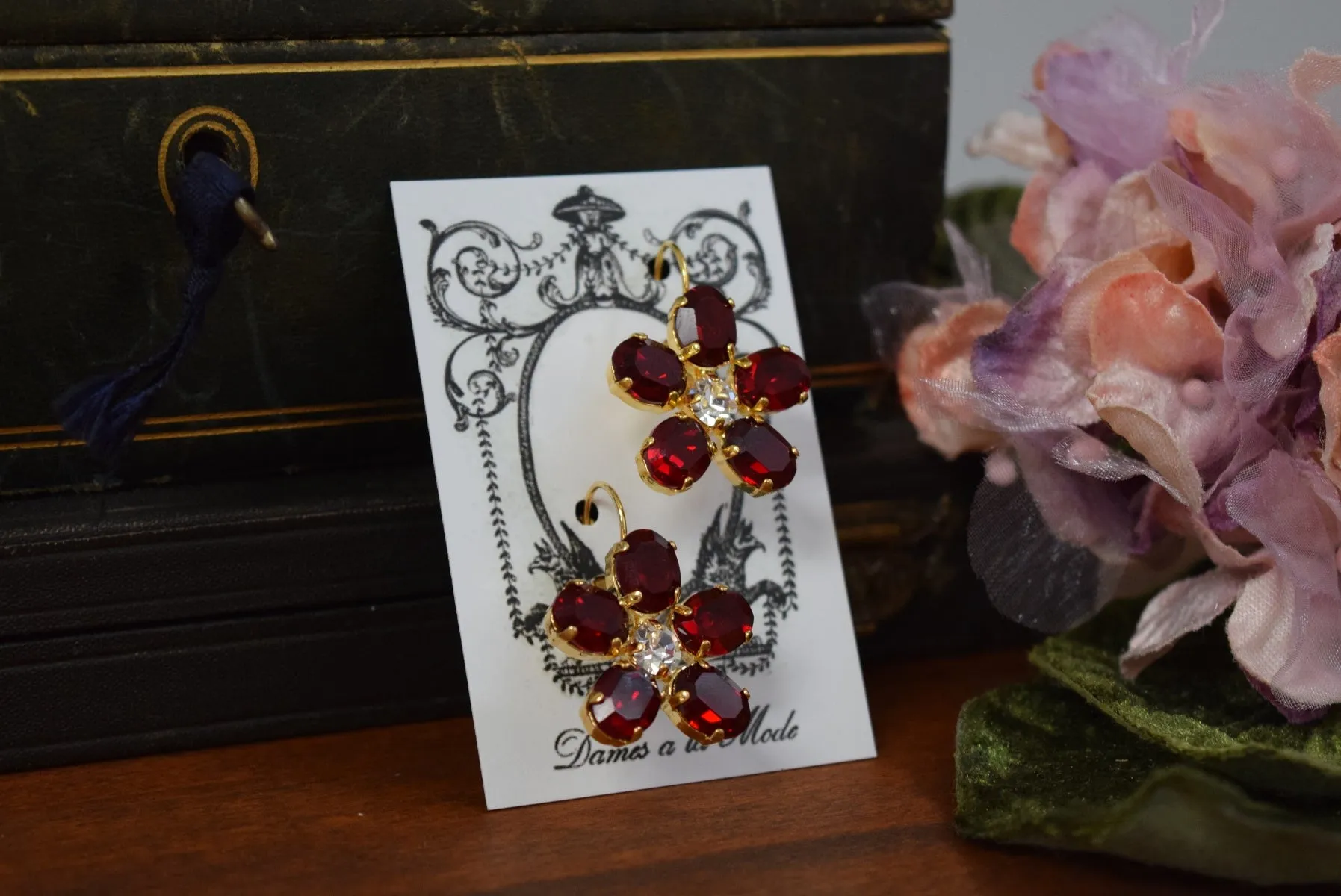 Floral Earrings - Swarovski Garnet Small Oval Stones