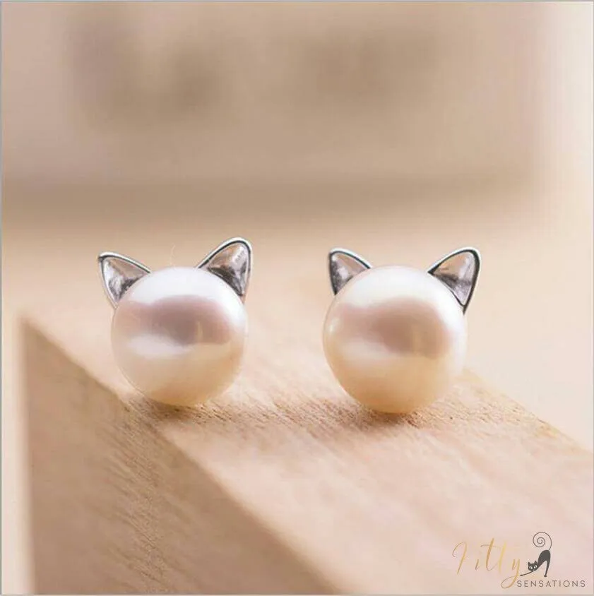 Freshwater Pearl Cat Earrings in Solid 925 Sterling Silver