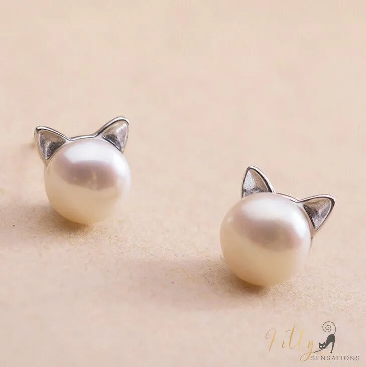 Freshwater Pearl Cat Earrings in Solid 925 Sterling Silver