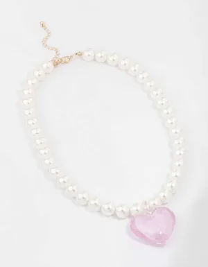 Gold & Pink Pearl Puffy Heart Necklace