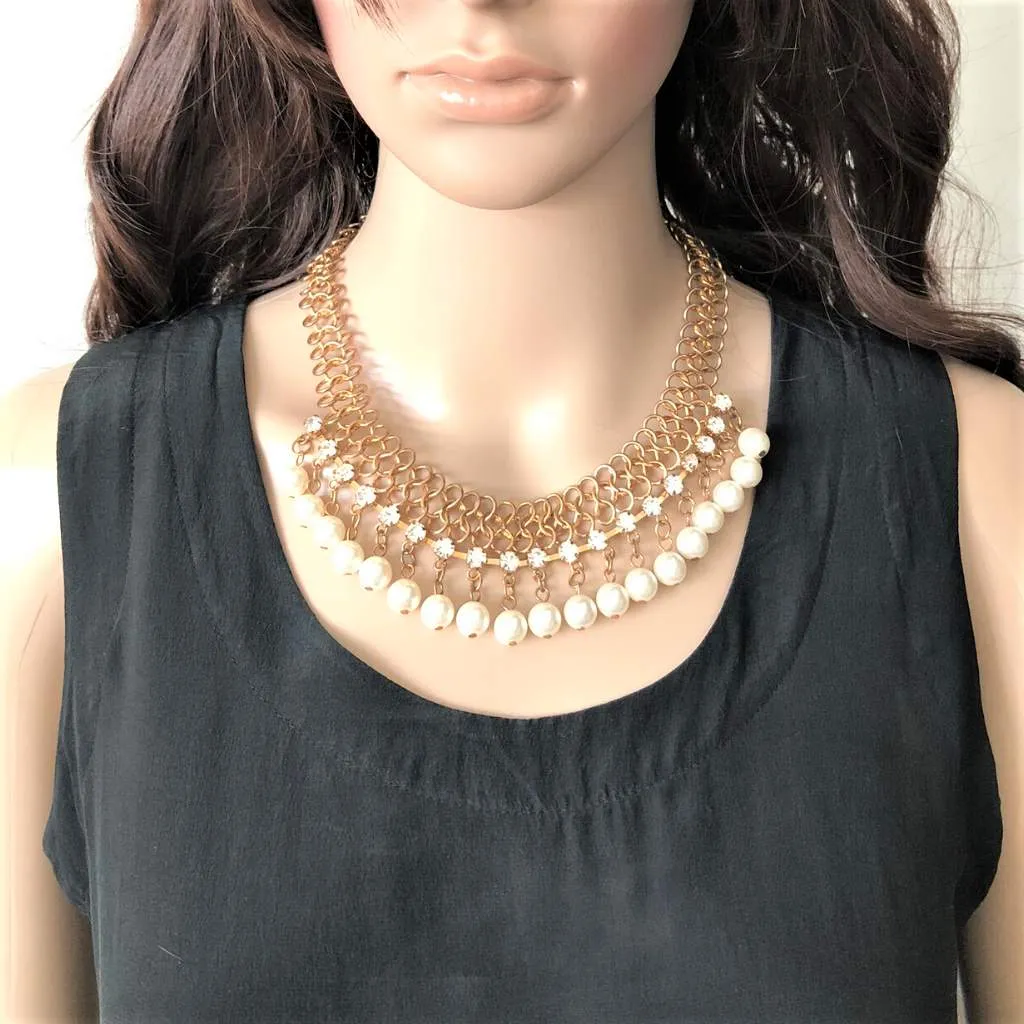 Gold Chain Pearl and Rhinestone Statement Necklace