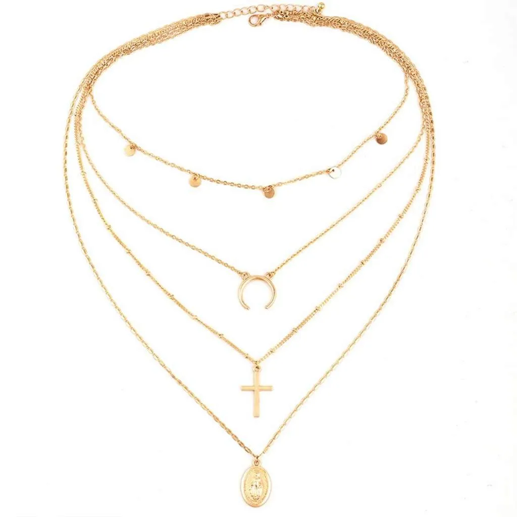 Gold Layered Cross, Mother Mary, and Crescent Necklace