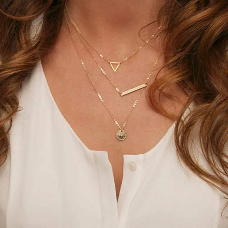 Gold Layered Triangle, Bar, and Disc Necklace