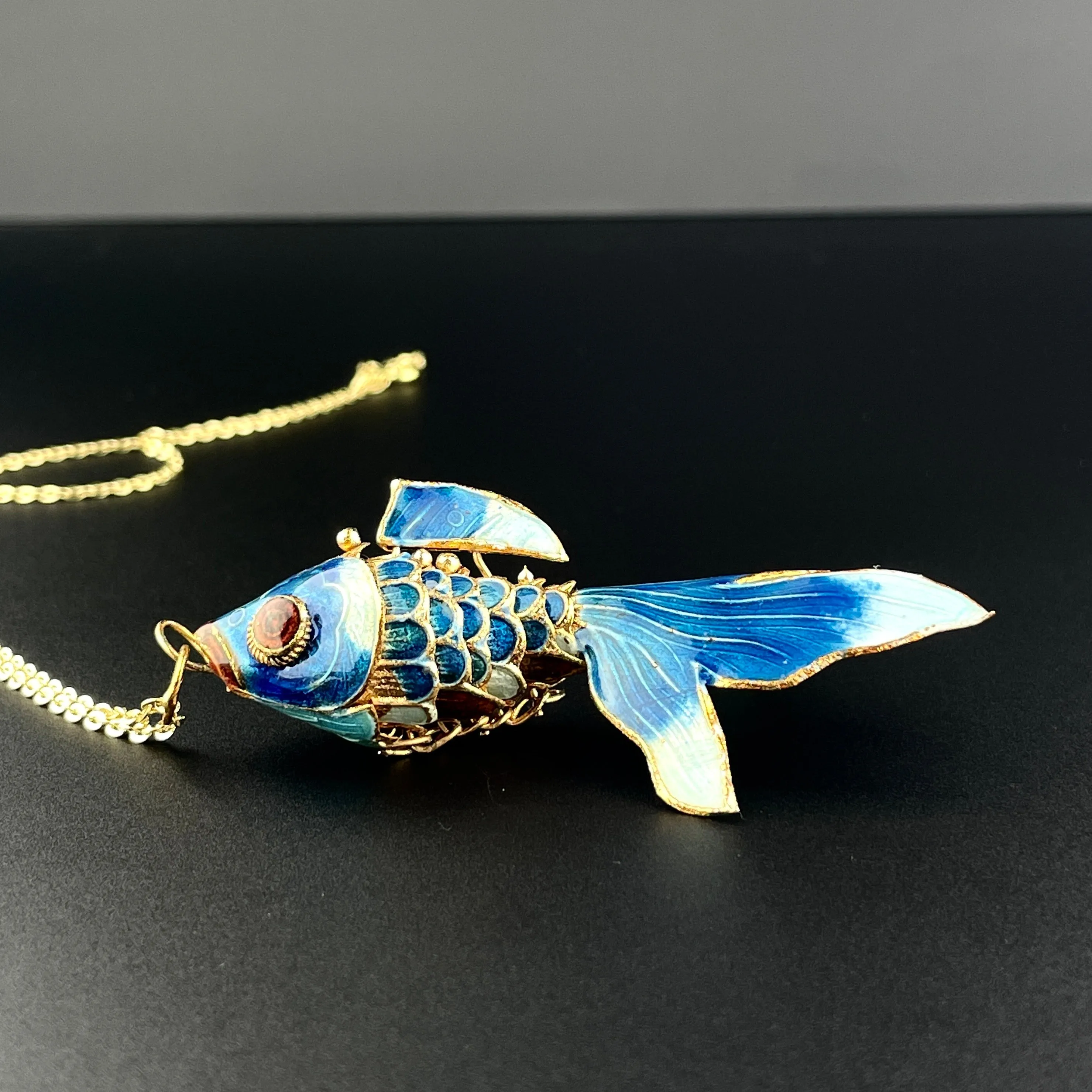 Gold Vermeil Blue Enamel Articulated Fish Pendant Necklace