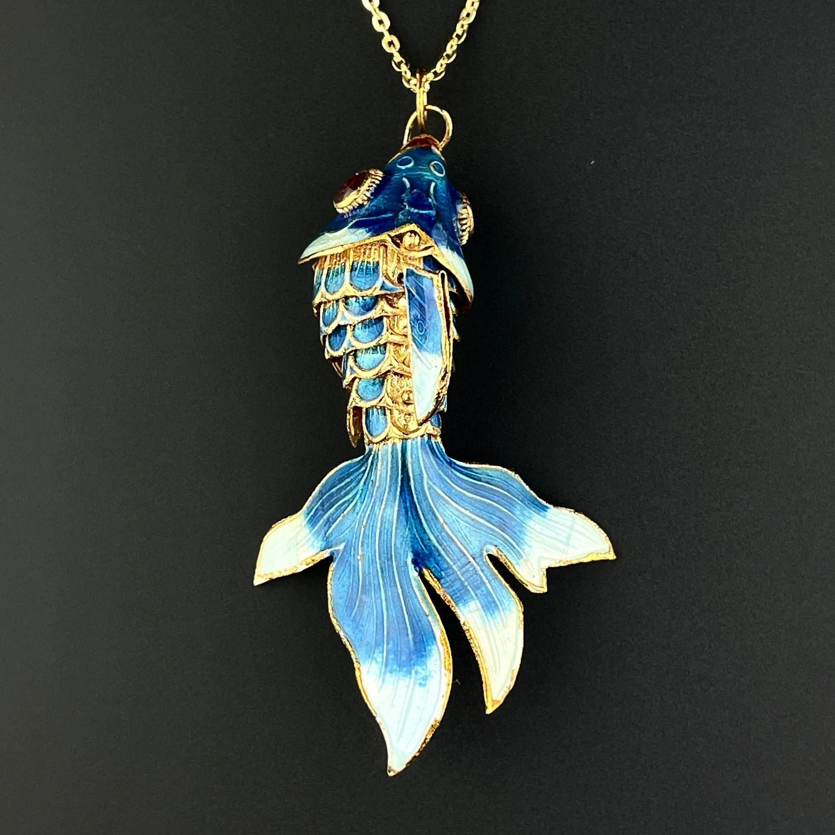 Gold Vermeil Blue Enamel Articulated Fish Pendant Necklace