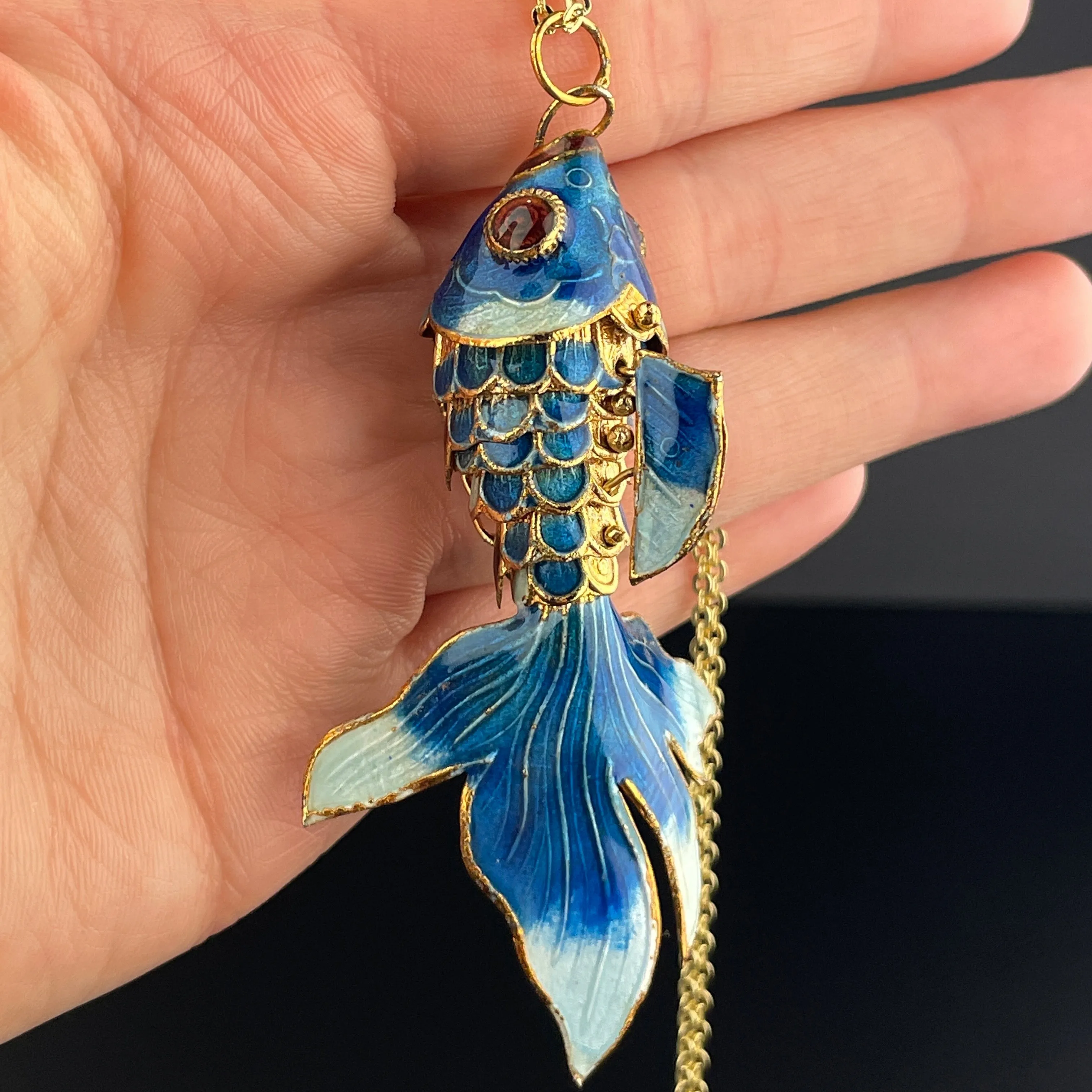 Gold Vermeil Blue Enamel Articulated Fish Pendant Necklace