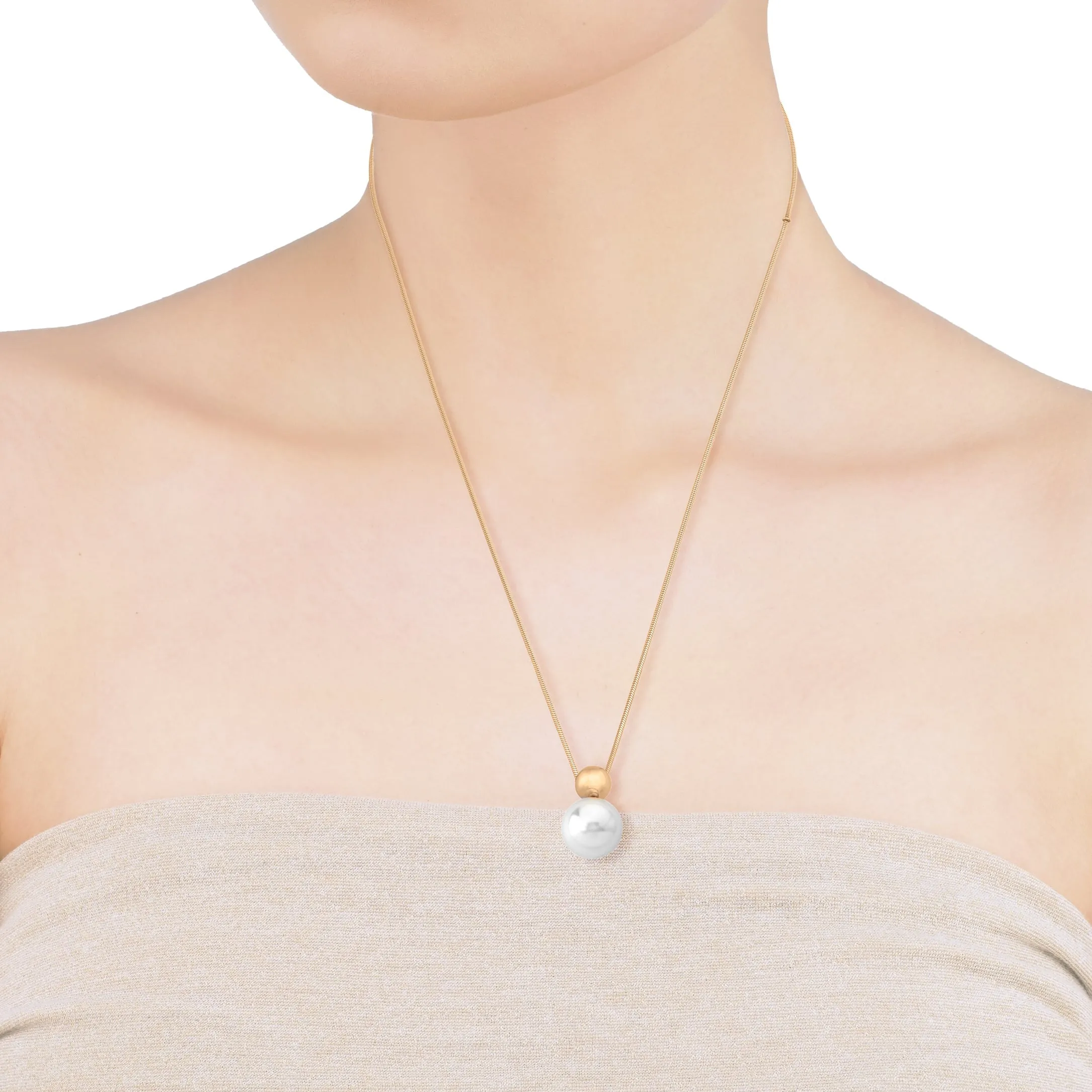 Golden Steel Adjustable Long Necklace for Women with White Round Pearl, 16mm Pearl, 27 Chain Length, Aura Collection