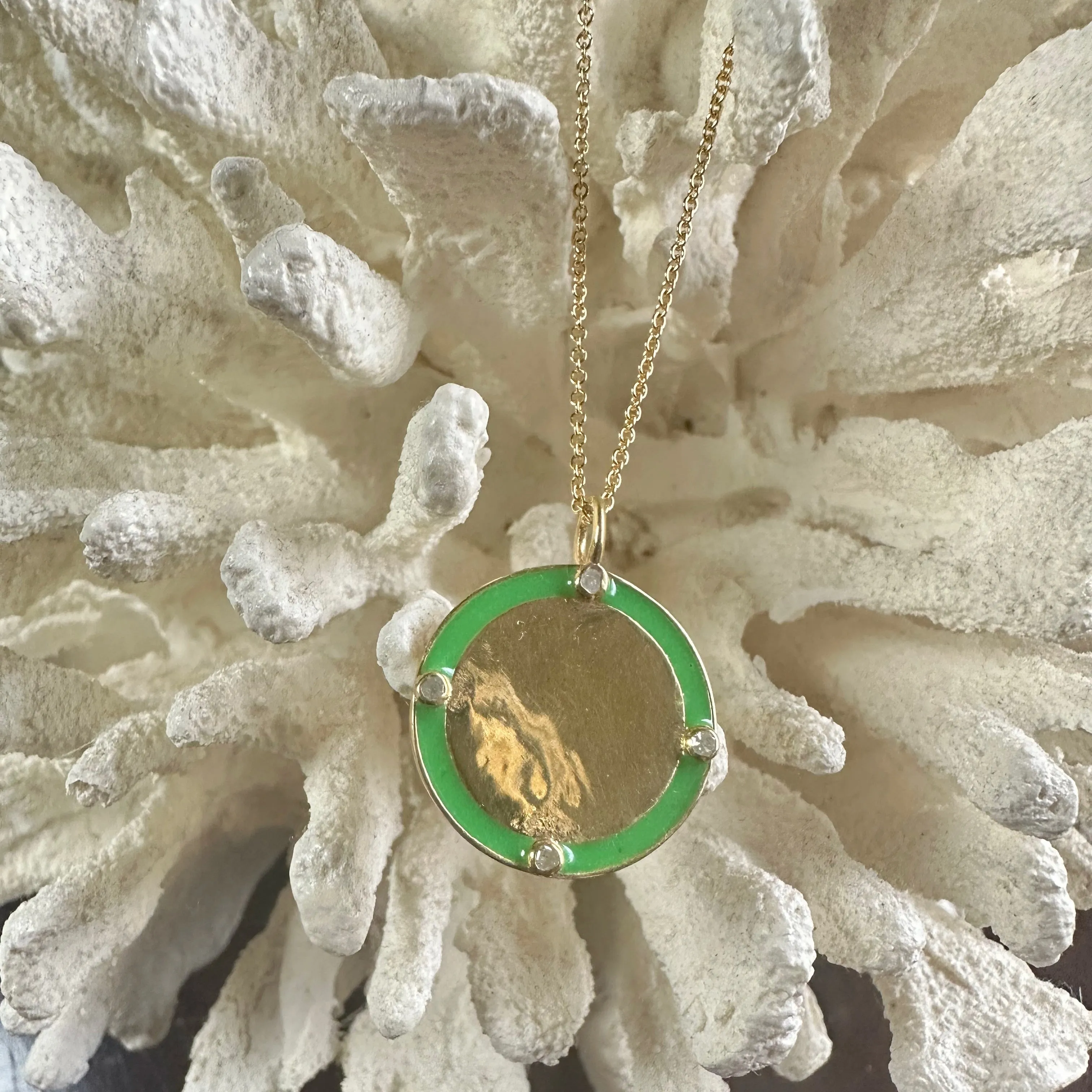 Green Enamel & Diamond Disc Necklace