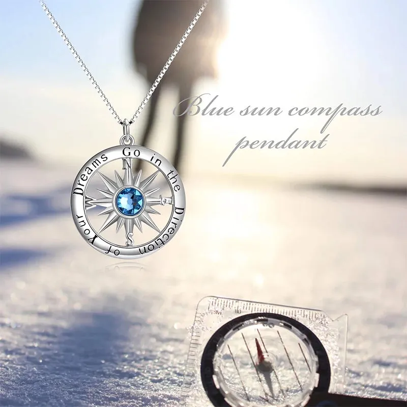 Inspirational Gift Sterling Silver Compass Necklace with Birthstone Crystal for Men & Women Graduation Gift