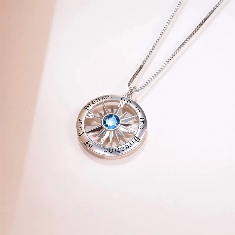 Inspirational Gift Sterling Silver Compass Necklace with Birthstone Crystal for Men & Women Graduation Gift