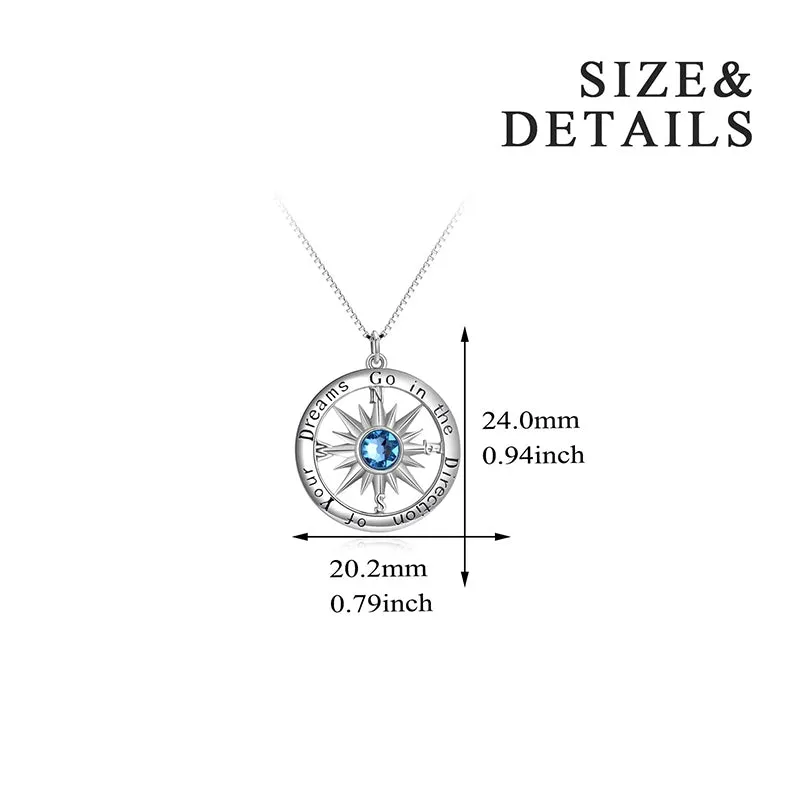 Inspirational Gift Sterling Silver Compass Necklace with Birthstone Crystal for Men & Women Graduation Gift