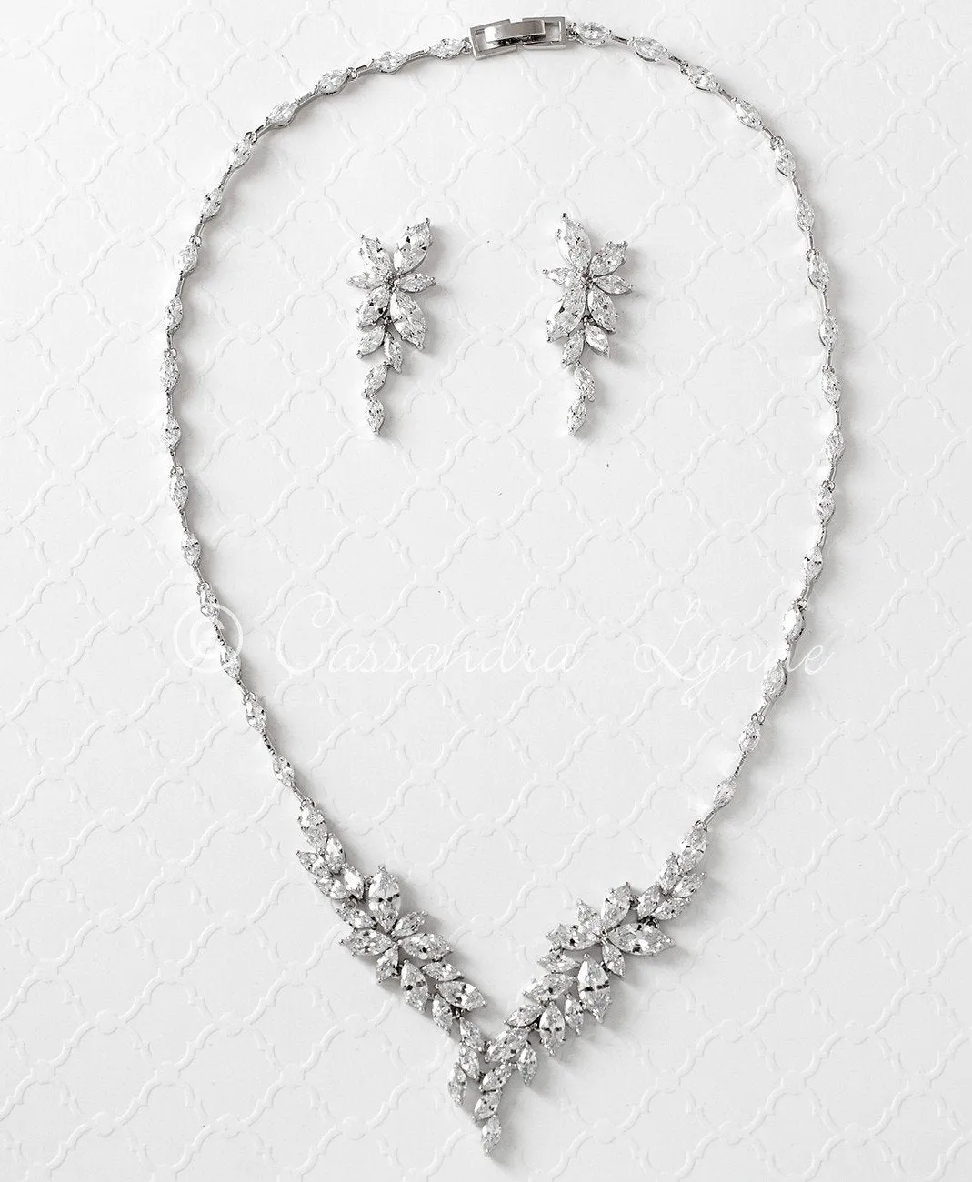 Intricate CZ Leaf Bridal Necklace Set