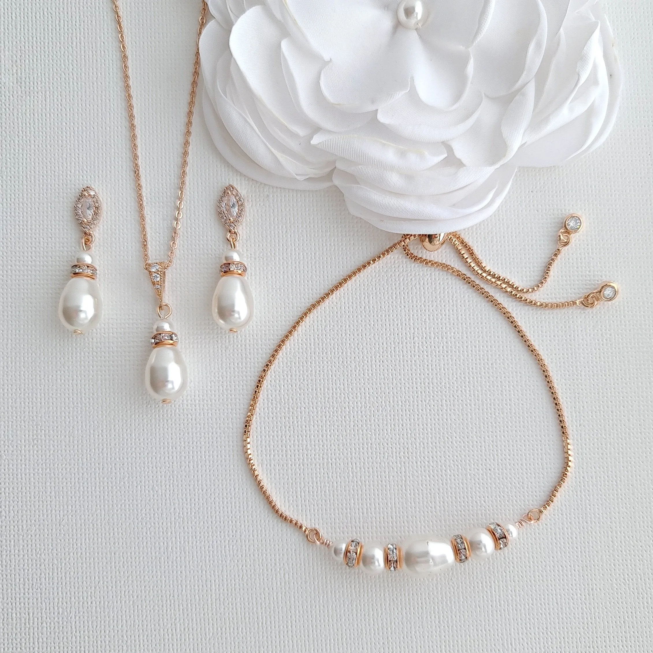 Jewelry Set for Brides With Pearl Bracelet Pearl Earrings Pearl Necklace-Ella