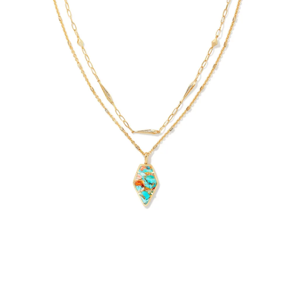 Kendra Scott Framed Tessa Multi Strand Necklace in Gold Bronze Veined Turquoise Red Oyster