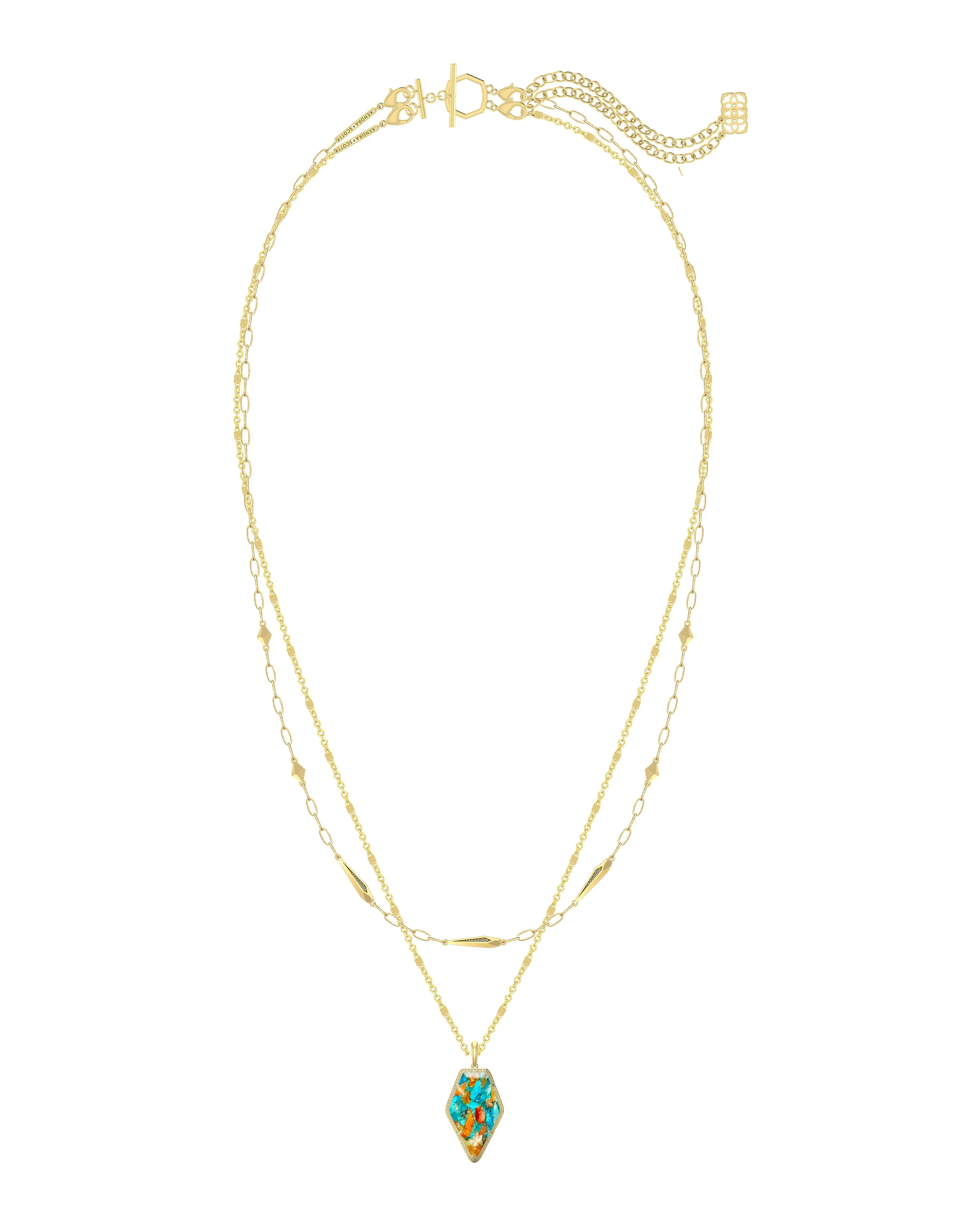 Kendra Scott Framed Tessa Multi Strand Necklace in Gold Bronze Veined Turquoise Red Oyster