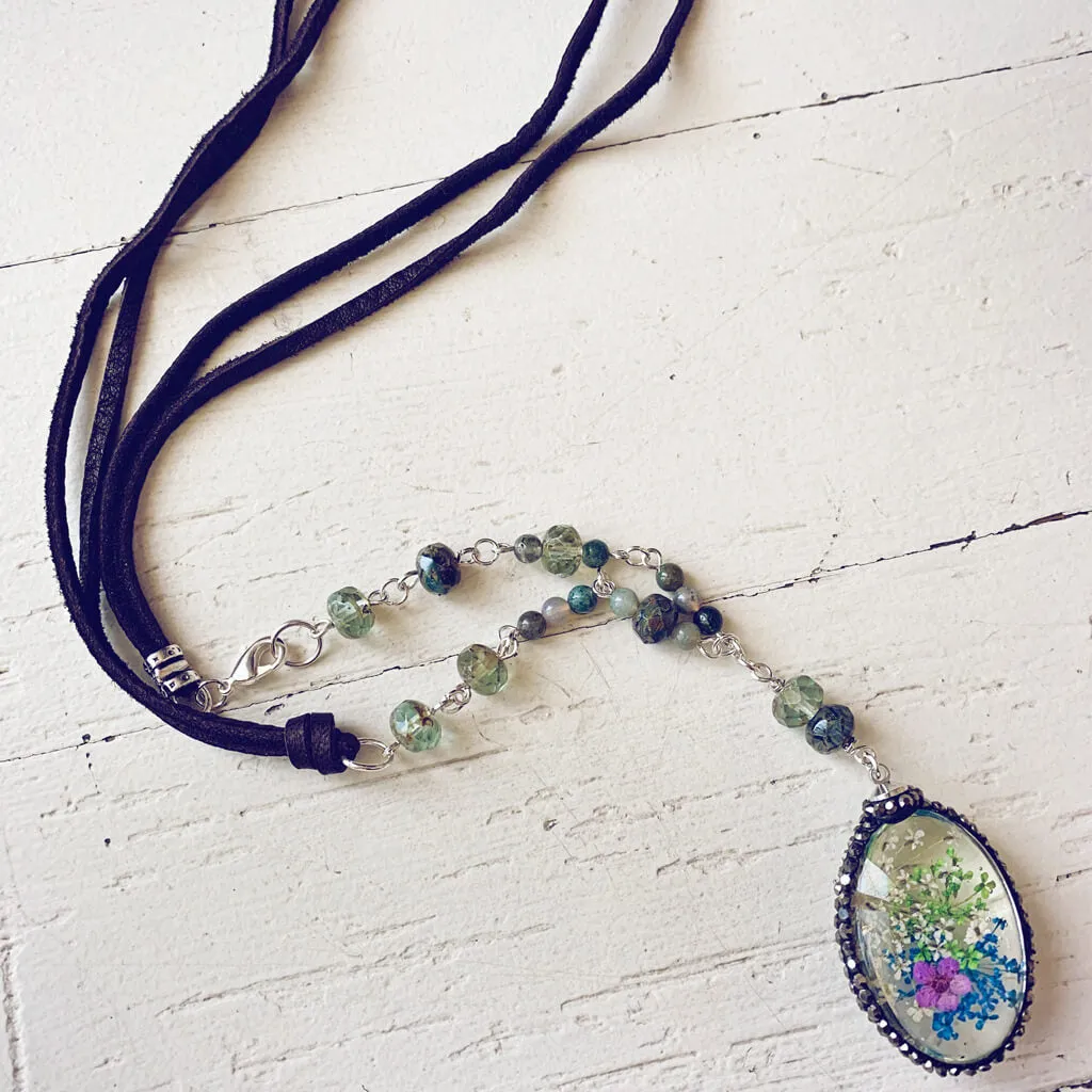 large boho bouquet // glass orb pressed flower pendant necklace