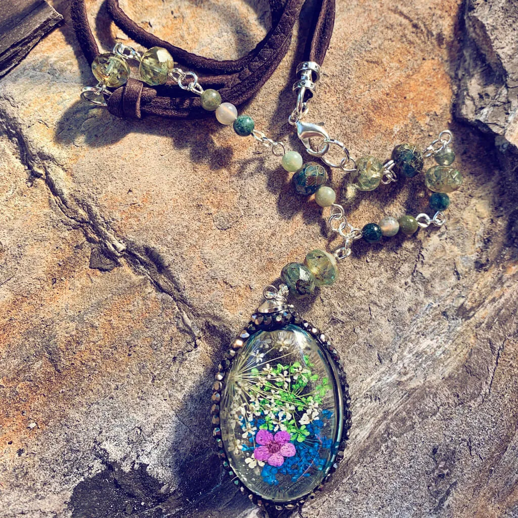 large boho bouquet // glass orb pressed flower pendant necklace