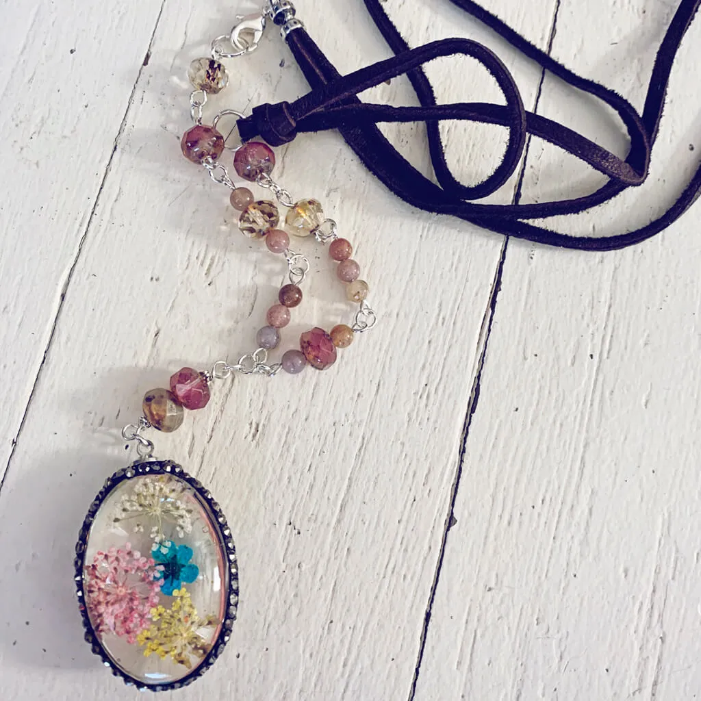 large boho bouquet // glass orb pressed flower pendant necklace