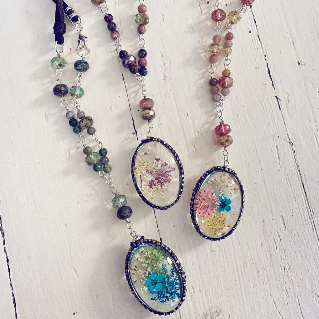 large boho bouquet // glass orb pressed flower pendant necklace