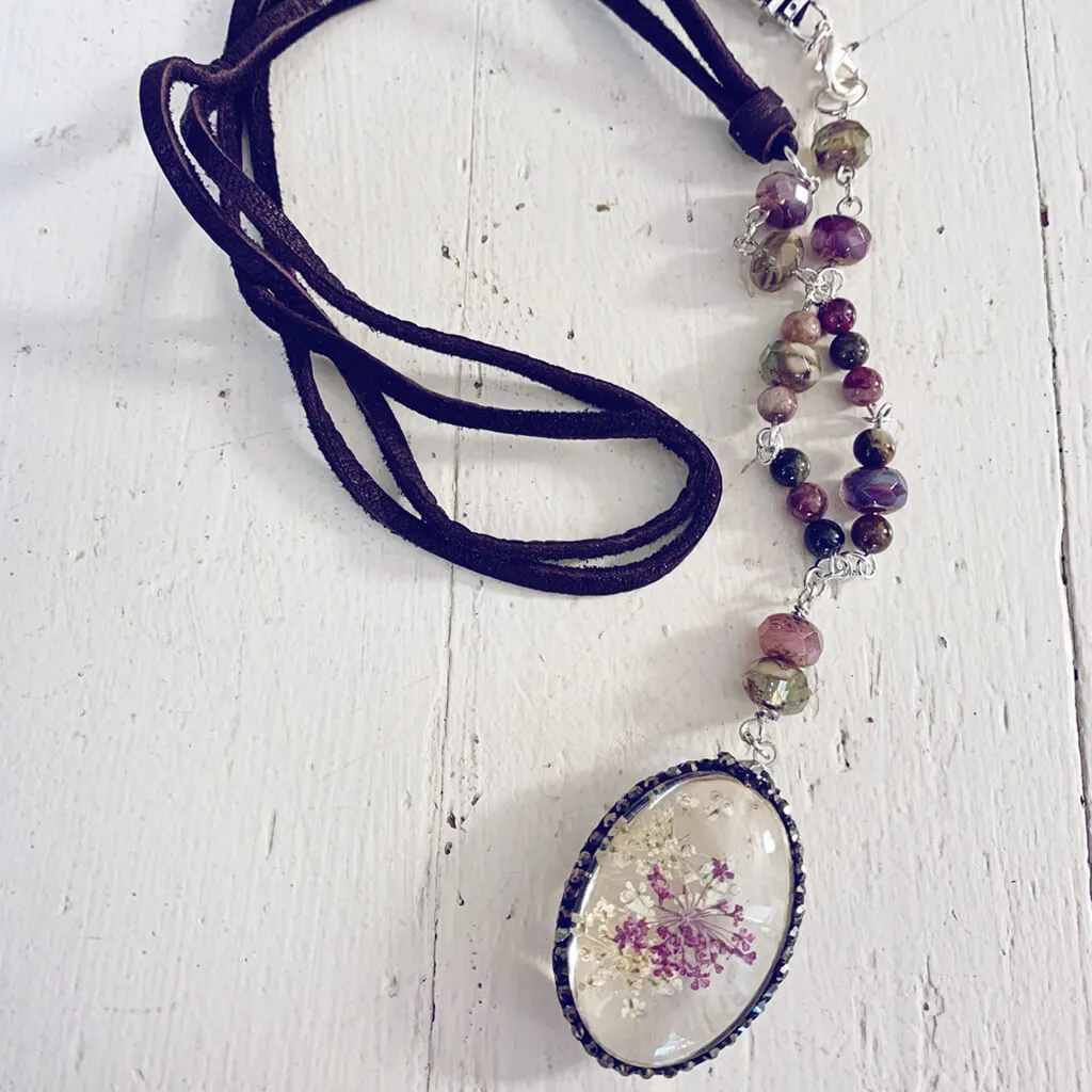 large boho bouquet // glass orb pressed flower pendant necklace