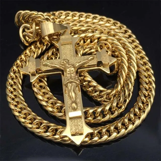 Large Stainless Steel Gold Tone Cross Pendant Necklace