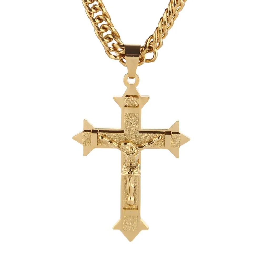 Large Stainless Steel Gold Tone Cross Pendant Necklace