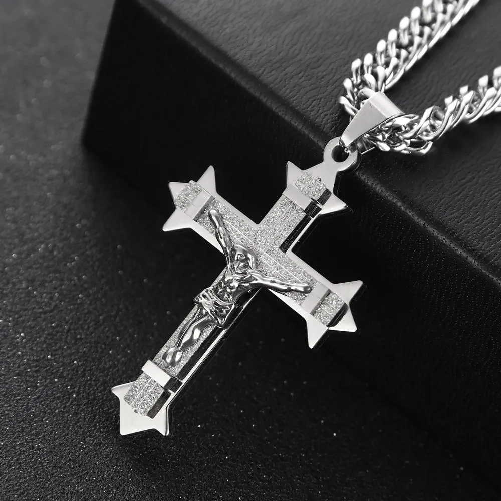 Large Stainless Steel Gold Tone Cross Pendant Necklace