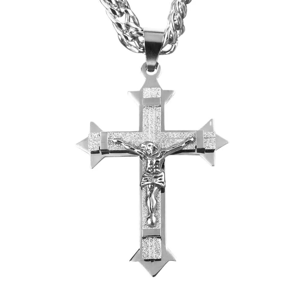 Large Stainless Steel Gold Tone Cross Pendant Necklace