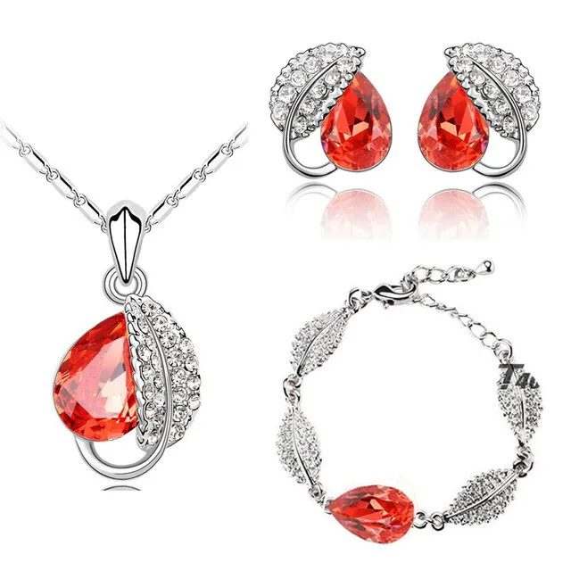 Leaf Crystal Necklace, Bracelet & Earrings Fashion Jewelry Set