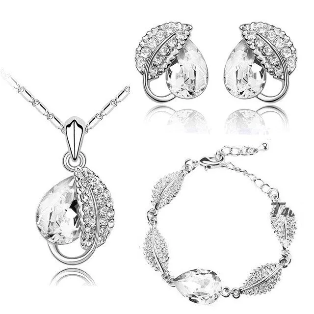 Leaf Crystal Necklace, Bracelet & Earrings Fashion Jewelry Set