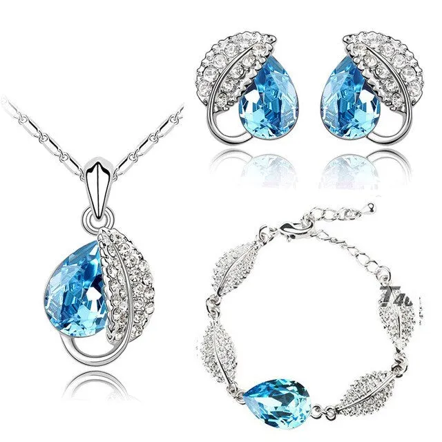 Leaf Crystal Necklace, Bracelet & Earrings Fashion Jewelry Set