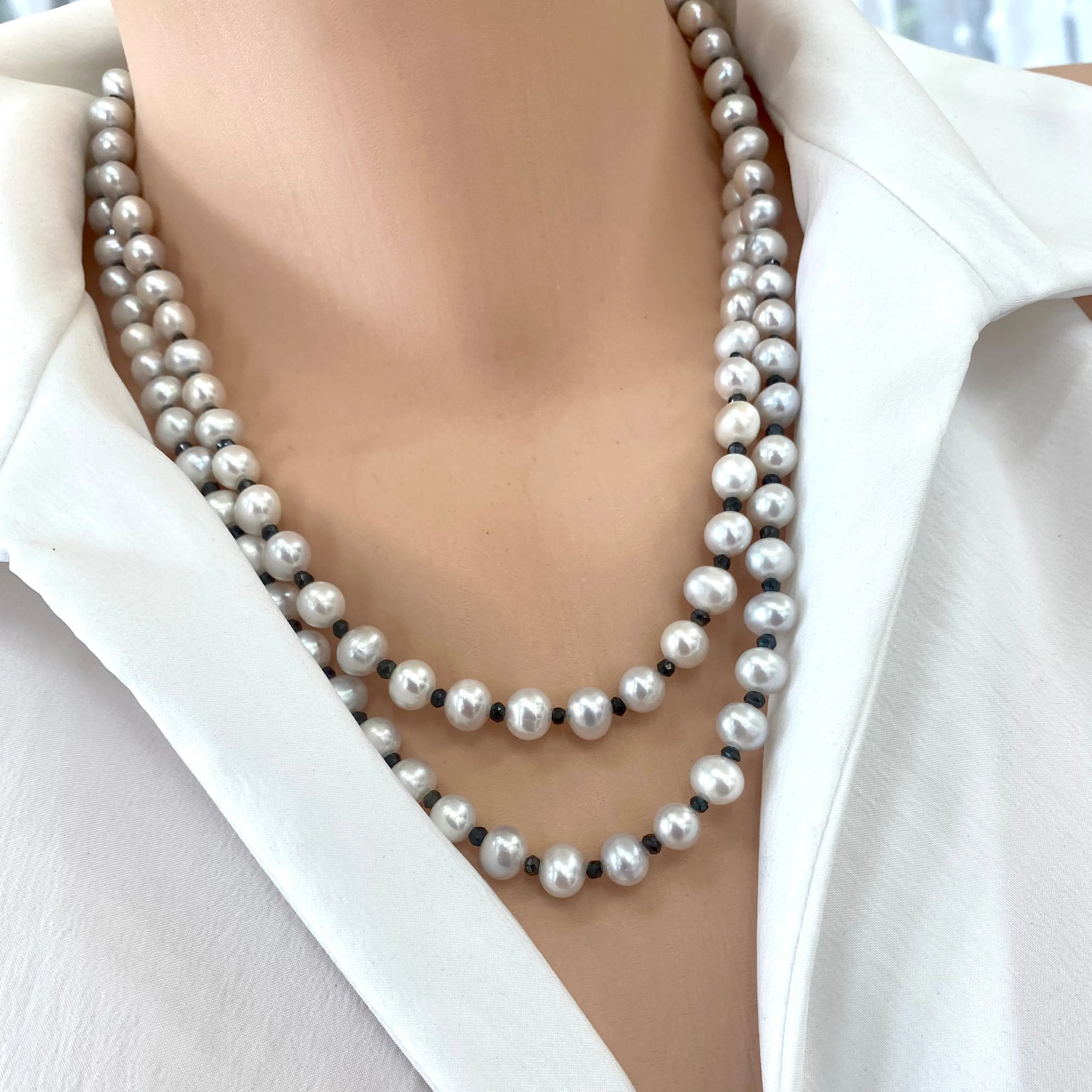 Light Grey Fresh Water Pearls and Spinel Long Necklace,Silver, 41inches