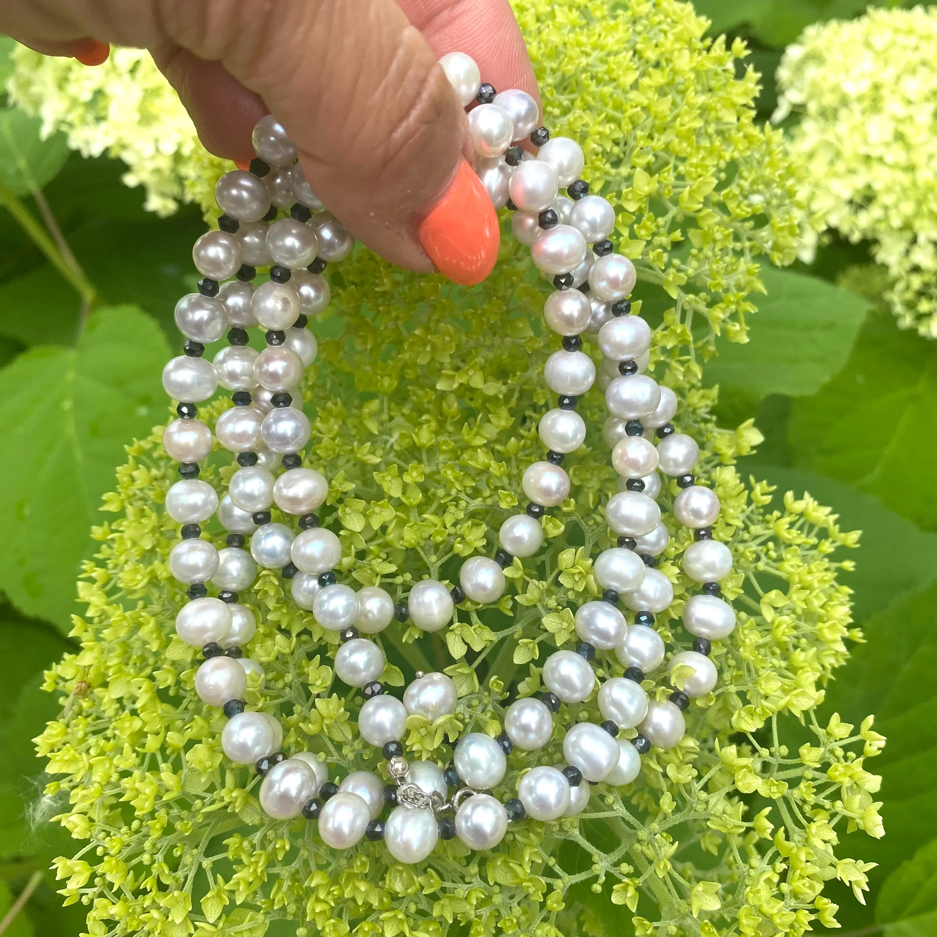 Light Grey Fresh Water Pearls and Spinel Long Necklace,Silver, 41inches