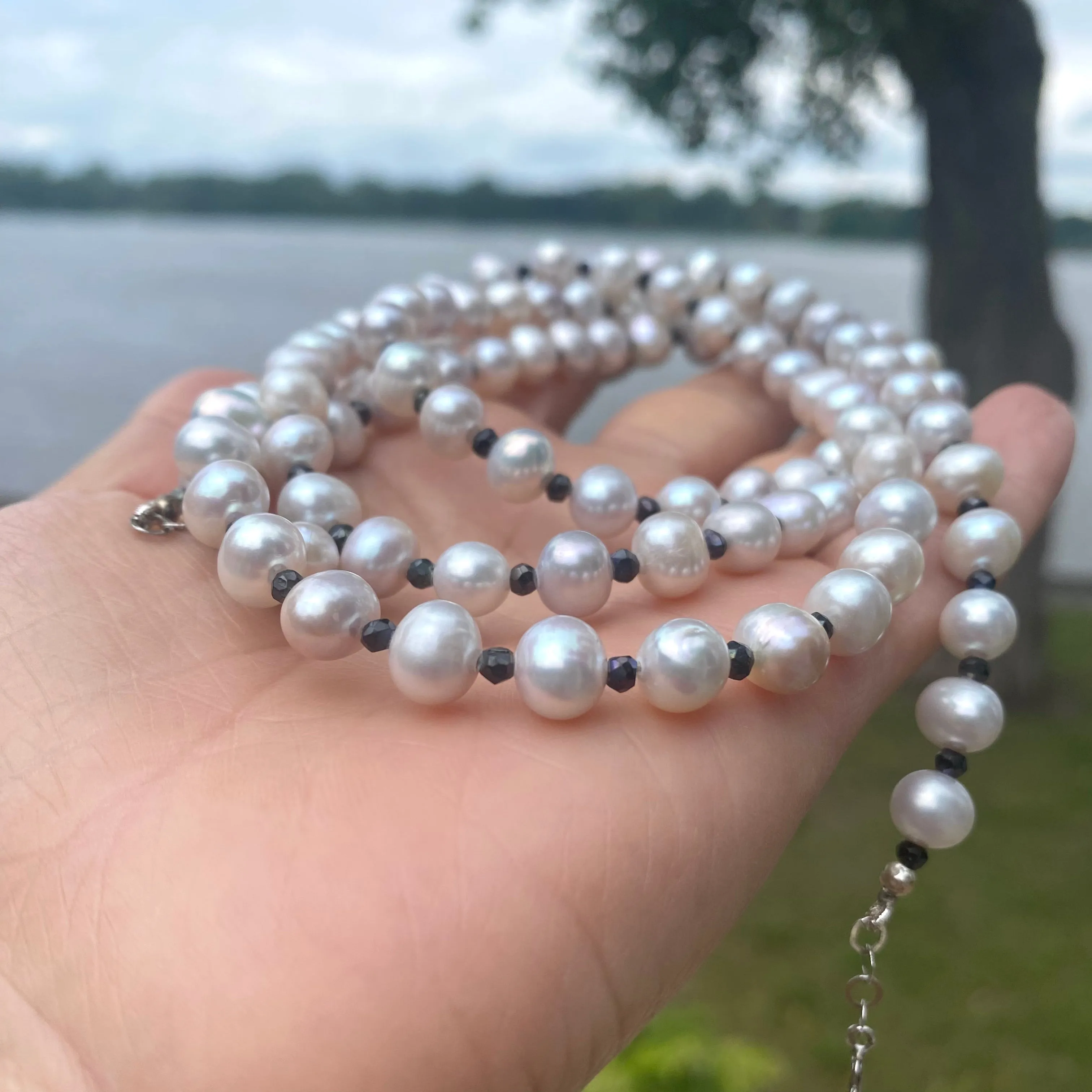 Light Grey Fresh Water Pearls and Spinel Long Necklace,Silver, 41inches