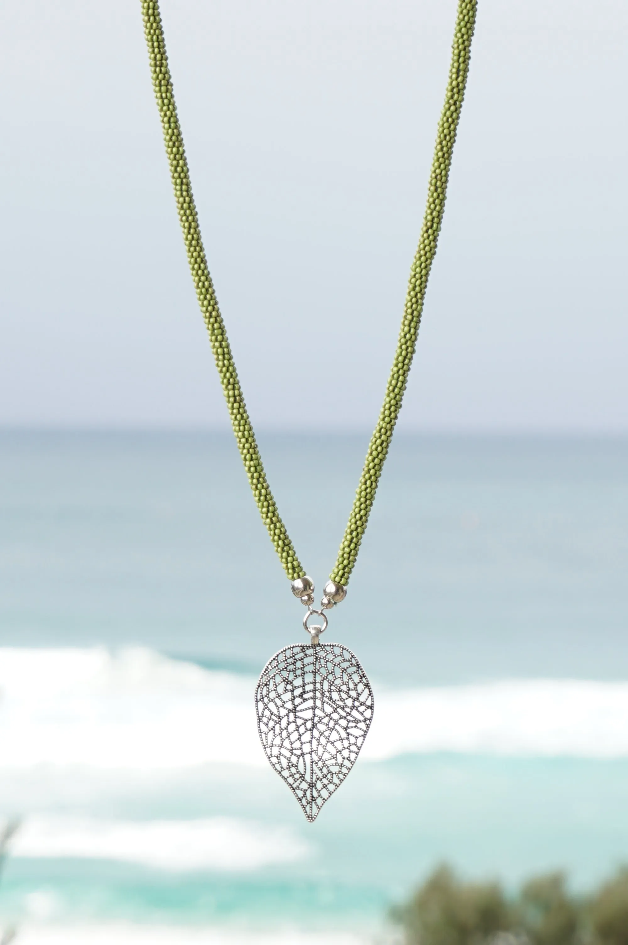 Lime Green Beaded Leaf Pendant Necklace