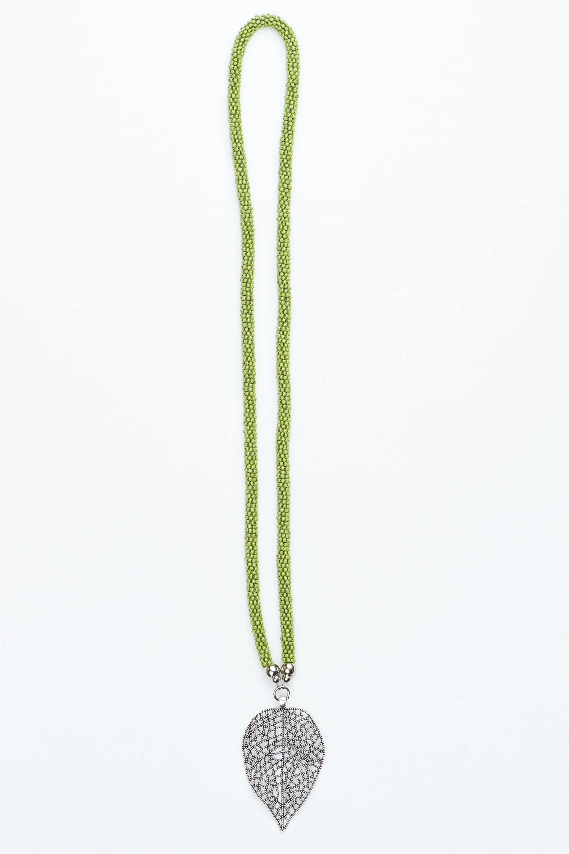 Lime Green Beaded Leaf Pendant Necklace