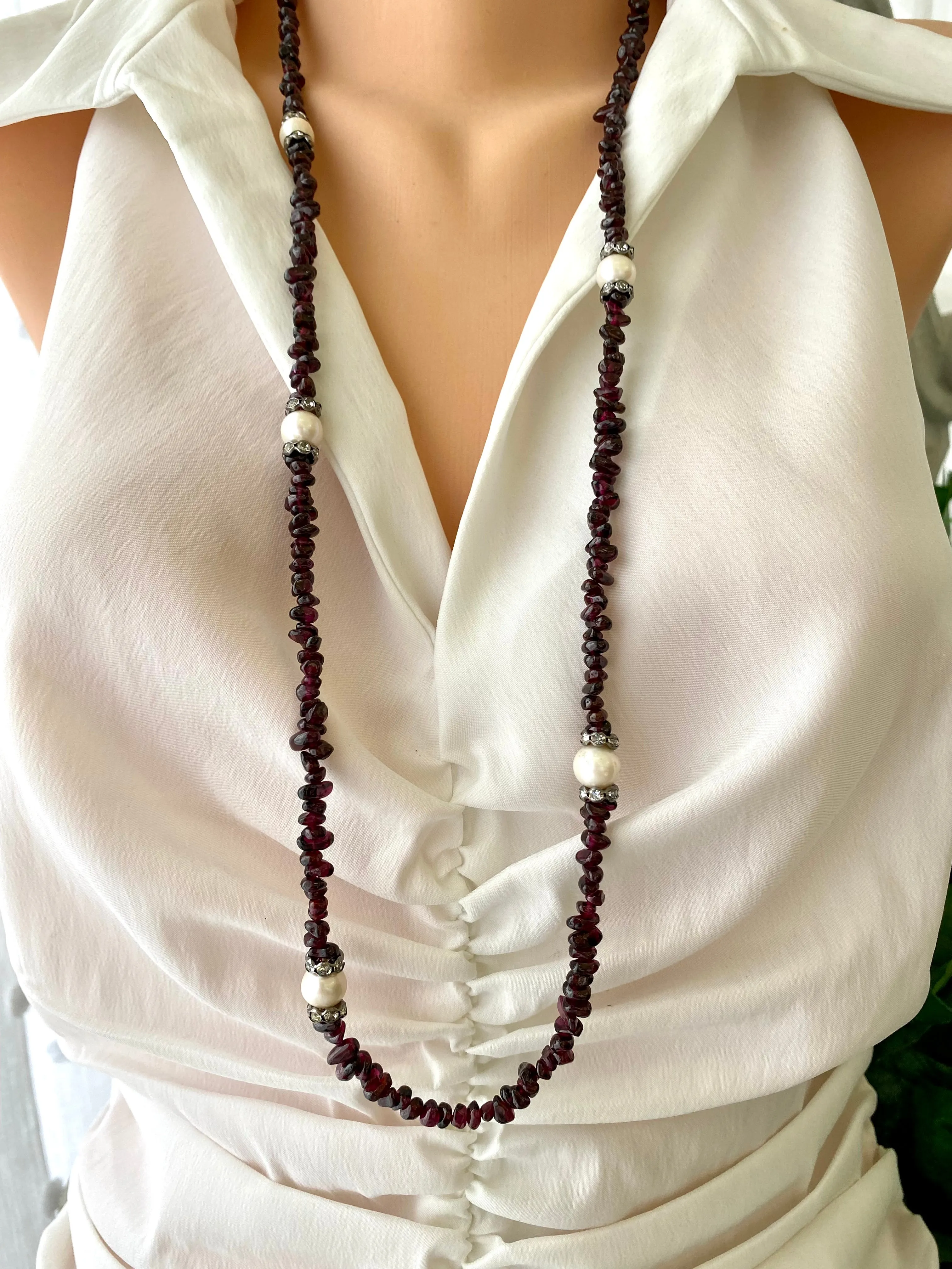 Long Garnet Necklace with Freshwater Pearls, January Birthstone Necklace, 35.5 or 37.5inch