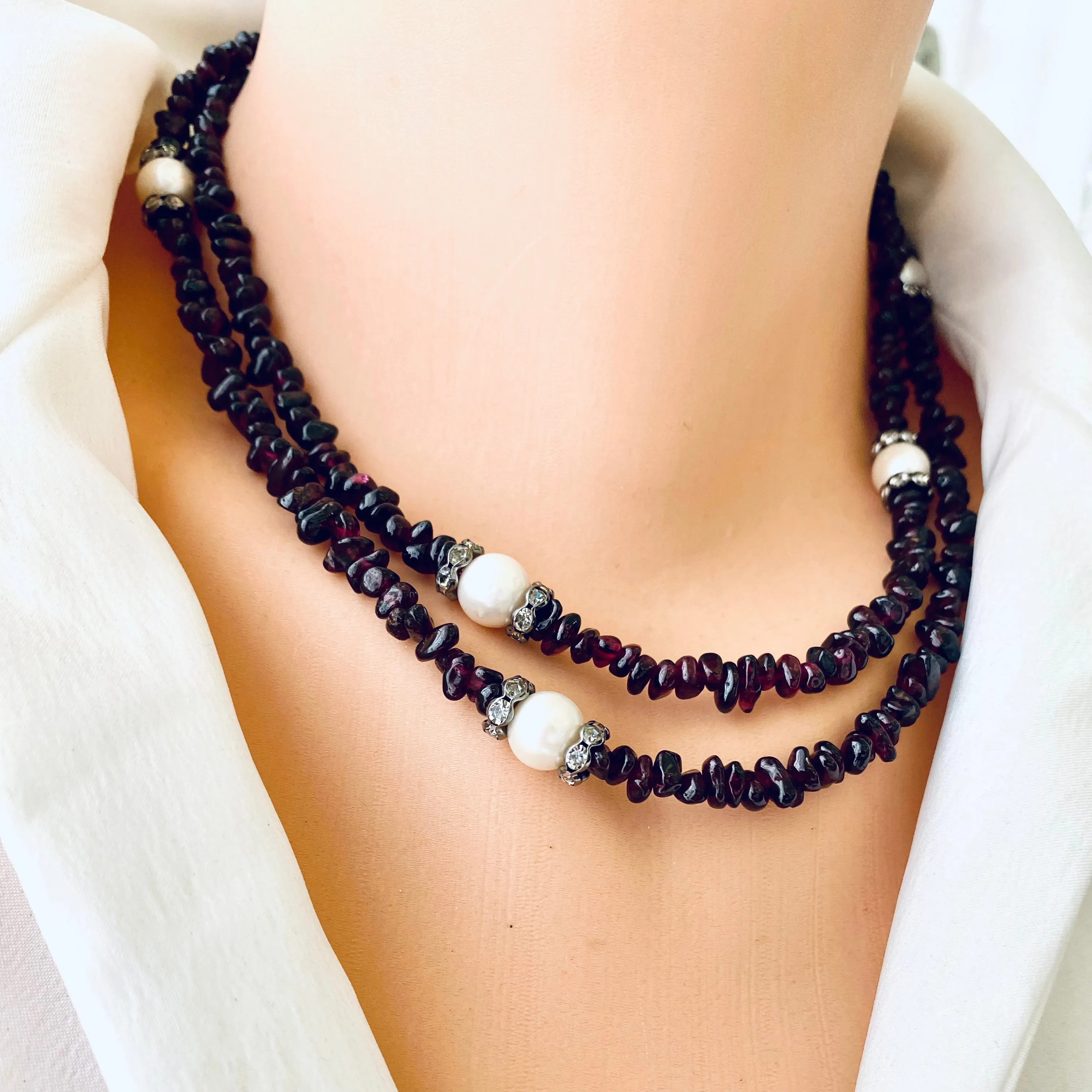 Long Garnet Necklace with Freshwater Pearls, January Birthstone Necklace, 35.5 or 37.5inch